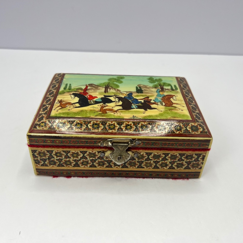 Vintage Persian Khatam Kari Wood Jewelry Box Hand Painted Polo Hunt Velvet Lined